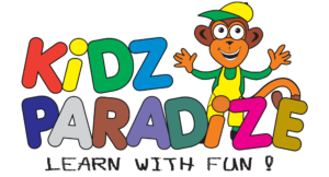 Kidz Paradize Learn With Fun logo featuring a colorful typography design and friendly monkey mascot for a preschool and early childhood learning center in Siliguri.